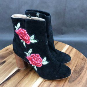 Sole Society Black Floral Suede Zip Up Chunky Block Heel Booties Womens Size 6 B
